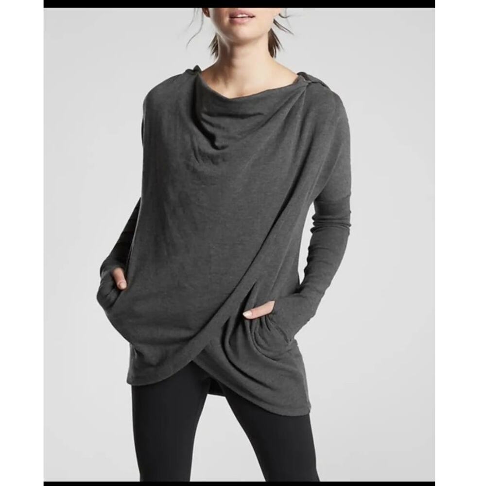 Athleta S charcoal gray Purana Wrap sweatshirt hoodie top long soft cozy warm
